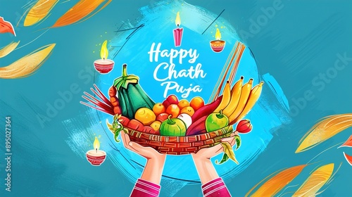 illustration of Happy Chhath Puja Holiday background for Sun festival of India.vector photo