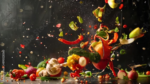 A poster featuring an explosion of various colorful vegetables in mid-air, emphasizing freshness and variety. 
