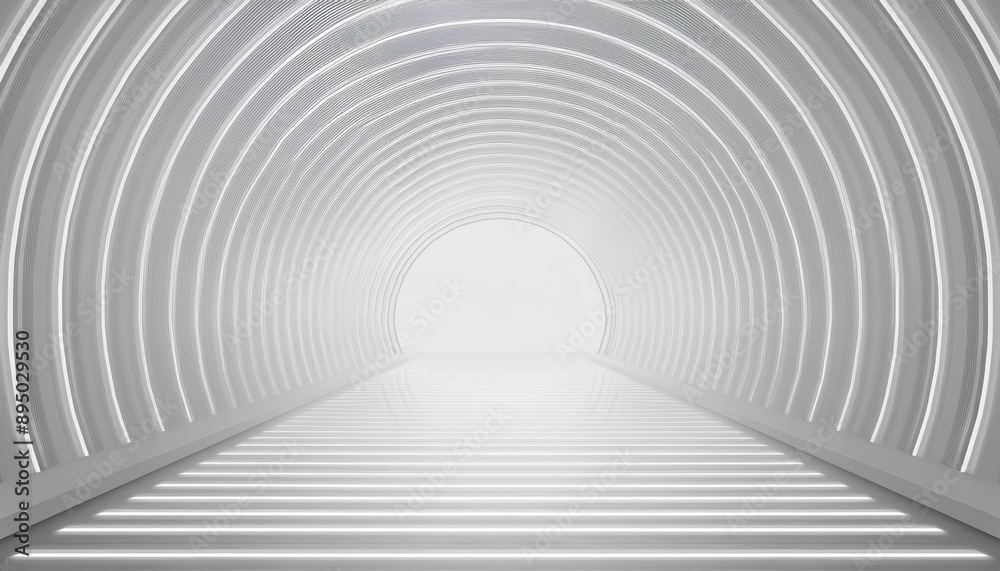 Weißer Hintergrund, 3D-Raum mit Licht, abstrakter Raum, Technologietunnel, Bühnenboden. Leerer weißer futuristischer 3D-Neon-Hintergrund, Studio, futuristischer Korridor, modernes Interieur, silbern
