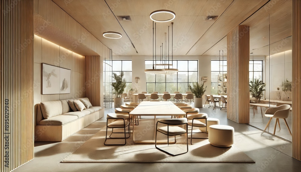 Fototapeta premium A flexible meeting area in Scandinavian office, features light wood finishes and a neutral palette