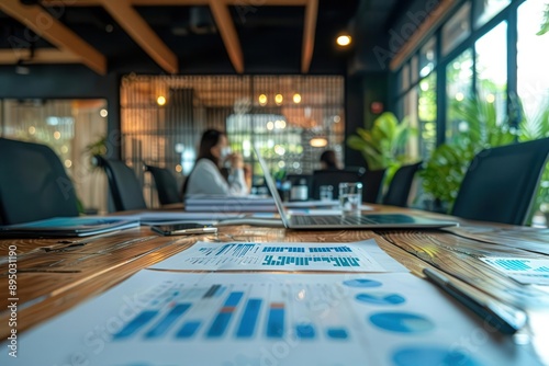 A modern office workspace with a wooden table, a laptop, and graphs, with two people in the background.