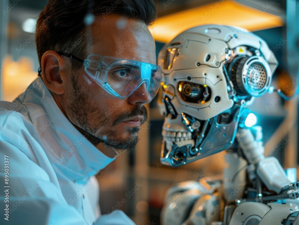 Fototapeta premium A scientist in a lab coat looks intently at a robotic skull, with a serious expression. The robot's eyes glow with a blue light.