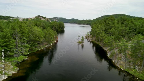 Aerial flyover of lush still lake huron with small pine tree island at whitefish falls, manitoulin island, canada