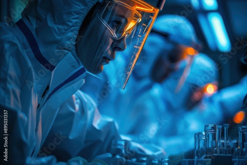 A scientist in a lab coat and protective gear works intently on a project in a dimly lit laboratory.  The blue and orange lighting creates a dramatic and futuristic atmosphere.