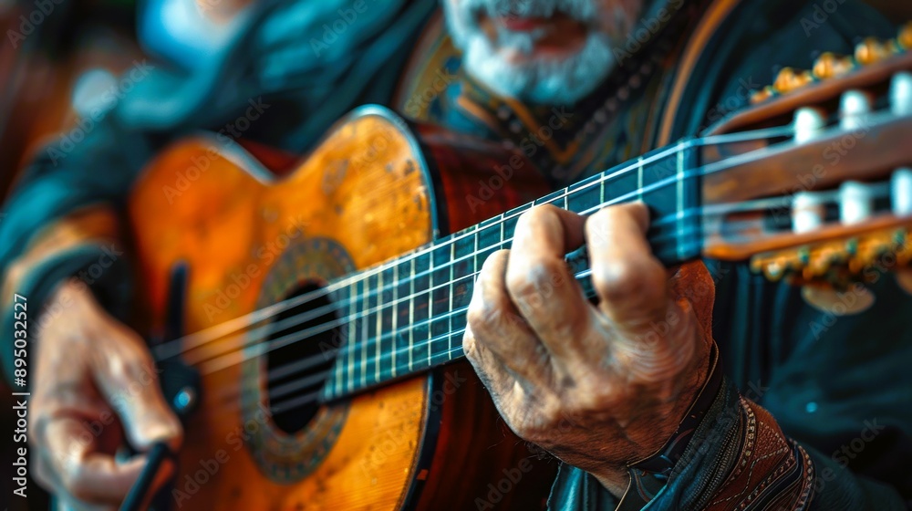 Fototapeta premium A skilled musician passionately plays an acoustic guitar, showcasing talent and artistry in a vibrant setting.