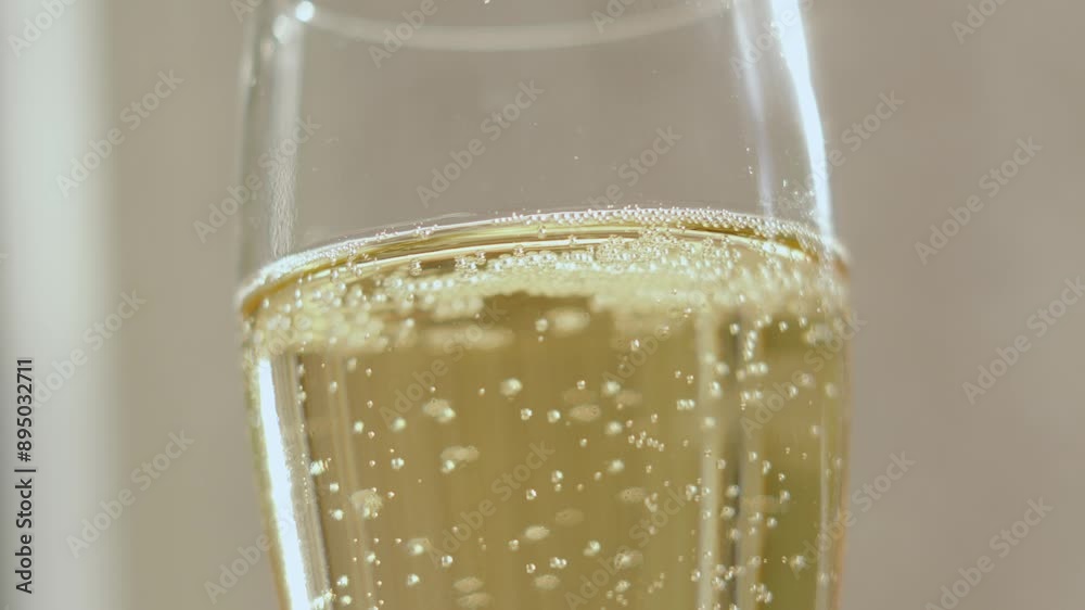 Tilted Angle of a Glass Flute Champagne French Sparkling Wine with Dozens of Bubbles Rising in 100fps Slow Motion with Shallow Depth of Field Ready for Party 4K
