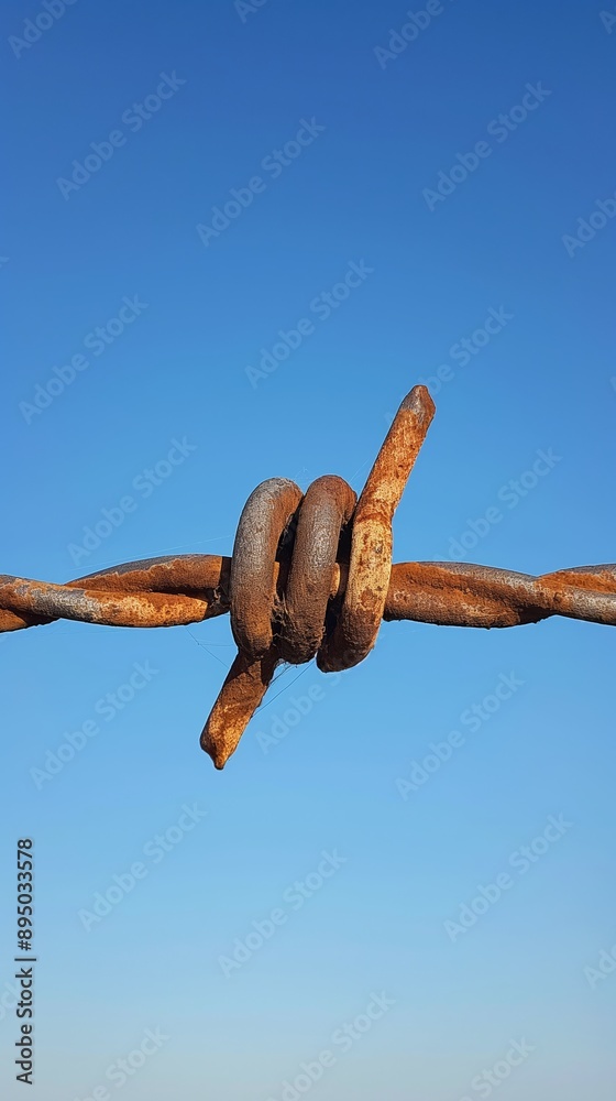 Close-up of a rusty barbed wire loop against a clear blue sky, highlighting details of the wire's texture and form