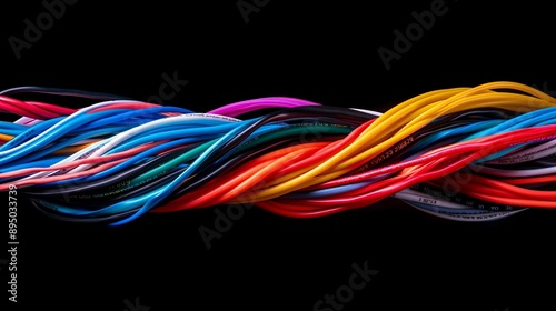 A minimalistic arrangement of colorful electrical wires intertwined against a black background, showcasing the complexity of modern technology