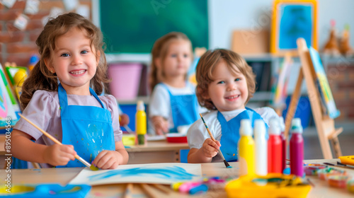 cute preschool children wearing aprons, happily painting and drawing in an art class, surrounded by easels and colorful art supplies, perfect for themes of creativity, early educat