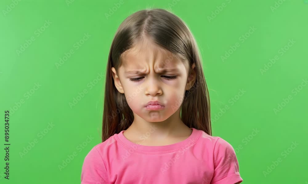 Portrait of a little girl with sad expression on her face against a green background Portrait of a little girl with sad expression on her face against a green background