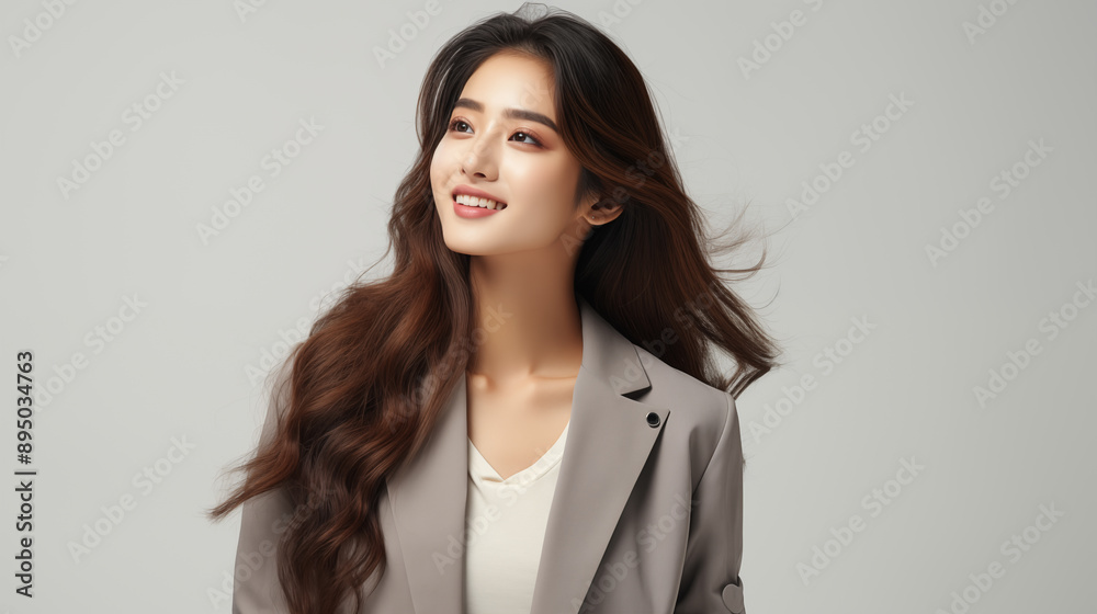 Potrait of a beautiful profile picture korean woman with long hair, glowing skin, smiling, wearing a grey jacket Potrait of a beautiful profile picture korean woman with long hair, glowing skin, smiling, wearing a grey jacket