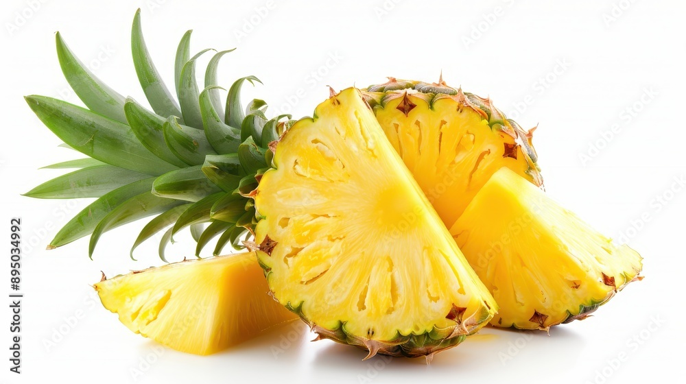 A slice of pineapple is cut in half and placed on a white background A slice of pineapple is cut in half and placed on a white background