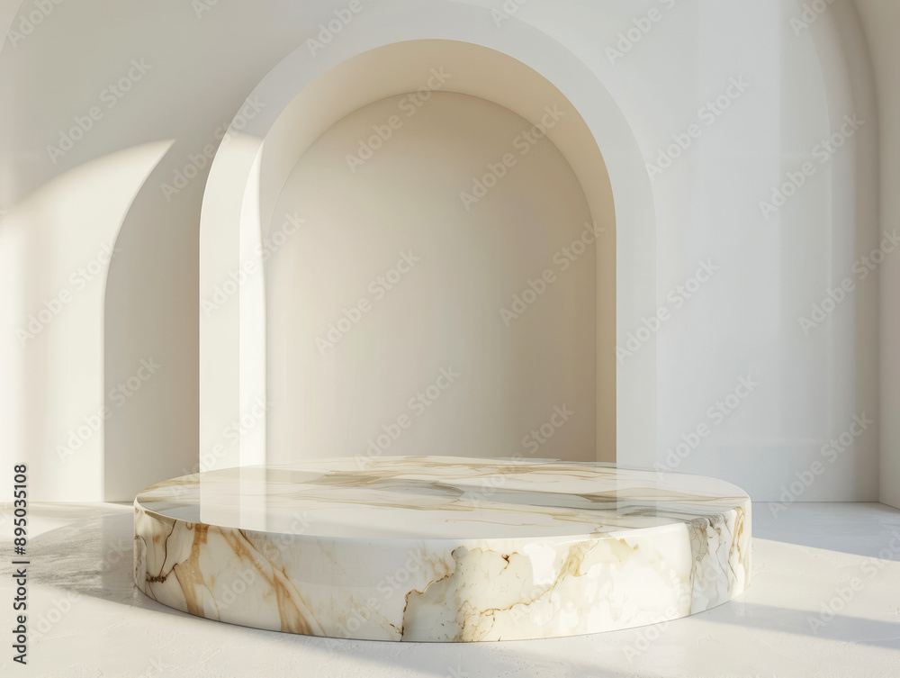 Empty round light marble podium for product or cosmetics presentation against empty white wall. Calming and elegant atmosphere. Copy space. Empty round light marble podium for product or cosmetics presentation against empty white wall. Calming and elegant atmosphere. Copy space.