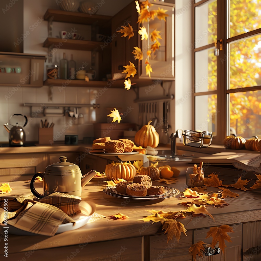 Cozy Autumn kitchen with coffee, cookies, pumpkins. Fall mood, hygge concept. Cozy Autumn kitchen with coffee, cookies, pumpkins. Fall mood, hygge concept.