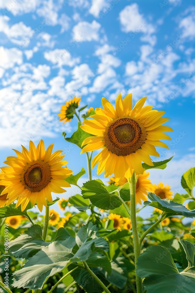 Close-up of sunflower field under blue sky with clouds. Agricultural beauty and rural scenery. Agriculture and farming concept. Banner, backdrop. Close-up of sunflower field under blue sky with clouds. Agricultural beauty and rural scenery. Agriculture and farming concept. Banner, backdrop.