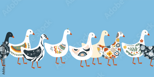 A row of cute geese or ducks with various patterns on their plumage. Seamless pattern.