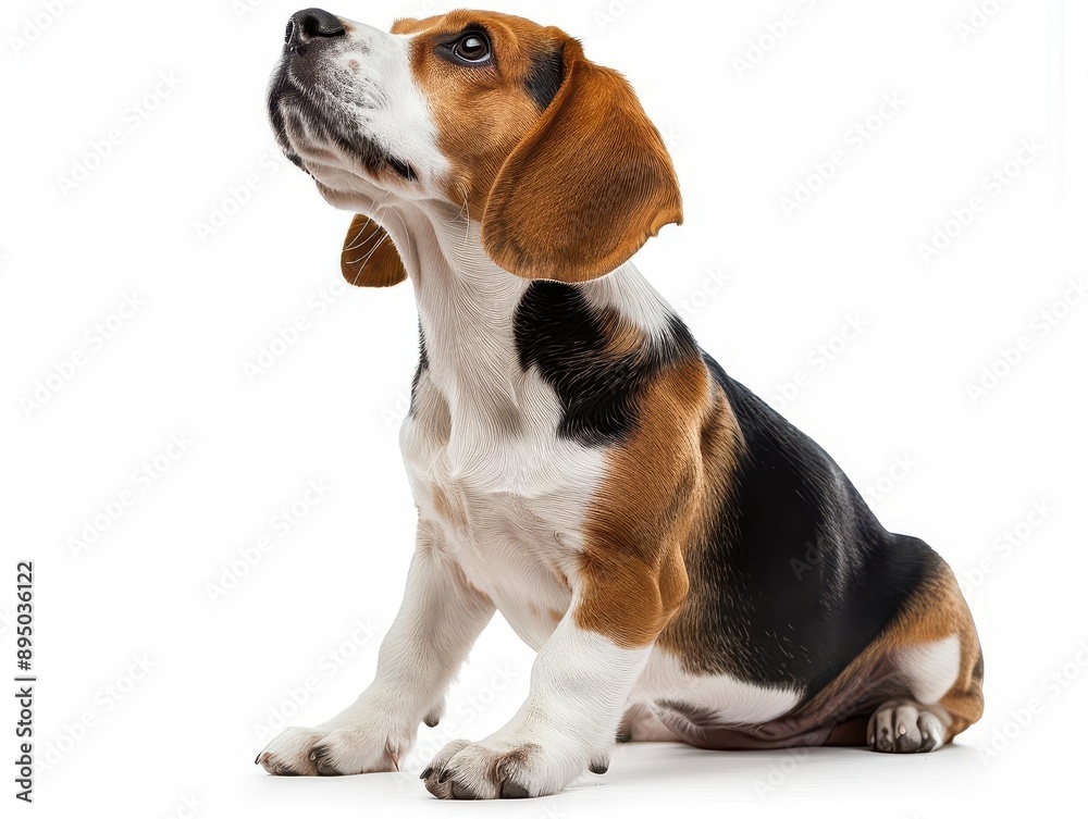 Adorable beagle puppy sitting and looking up attentively against a white background. Adorable beagle puppy sitting and looking up attentively against a white background.
