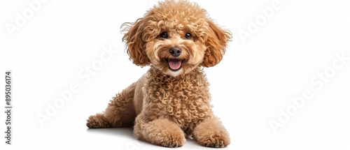 Cute brown poodle dog lying down isolated on white background, looking happy with a big smile. photo