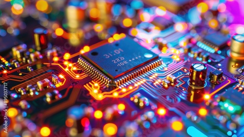 A computer chip is lit up with a bright blue light © Sunijsa