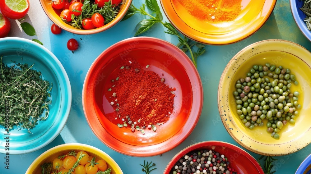 Vibrant Array of Spices in Decorative Bowls Vibrant Array of Spices in Decorative Bowls