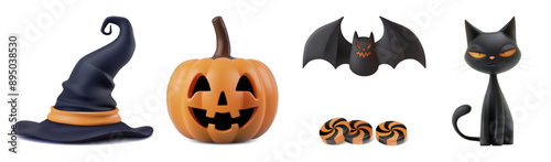 Halloween party invitation sticker clip art. Pointy cone witch hat, carved pumpkin jack with smile, scary flying bat, black tricky cat and candy corn sweets. 3d vector cute spooky characters isolated
