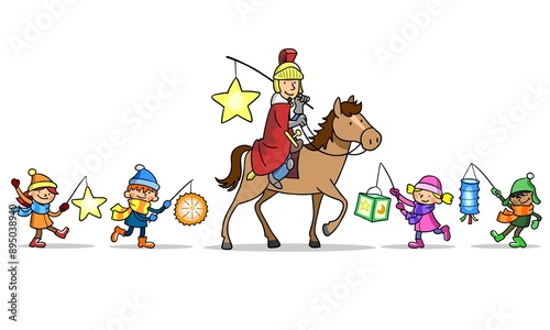 Sankt Martin auf Pferd und Kinder mit Laternen beim Martinszug