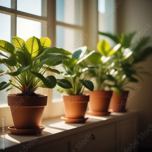 Potted green plants on window