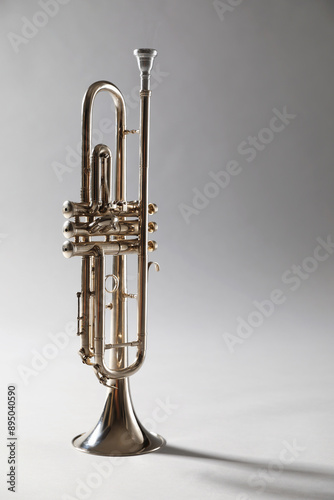 Shiny trumpet on light grey background. Wind musical instrument photo