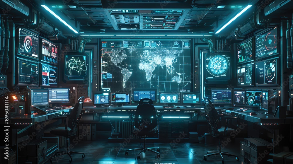 Futuristic command center with multiple screens displaying world maps, data, and analytics. High-tech workspace with advanced computer systems.