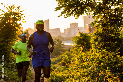 Two friends trail running with a skyline in the background. photo