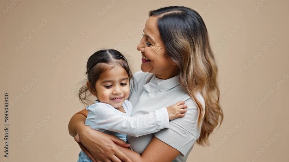 Mother and young daughter in a portrait wearing face masks against a beige background Mother and young daughter in a portrait wearing face masks against a beige background