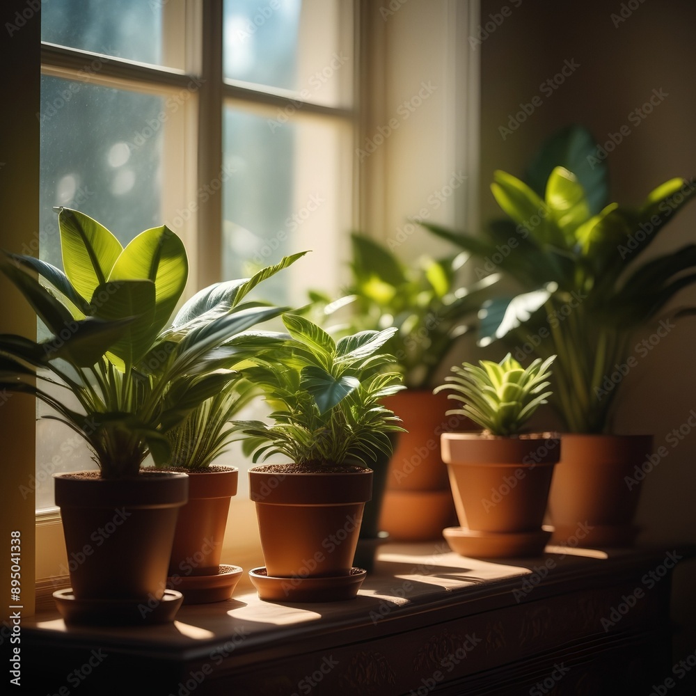 Potted green plants on window Potted green plants on window