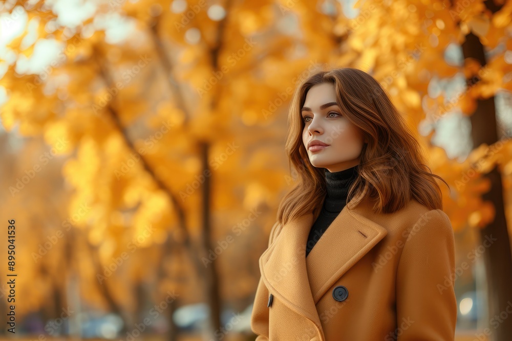 Trendy Woman in Fall Coat with Warm Autumn Tree Background Trendy Woman in Fall Coat with Warm Autumn Tree Background
