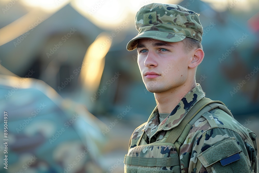 Profile of Dedicated Military Soldier in Uniform Standing Proudly Profile of Dedicated Military Soldier in Uniform Standing Proudly