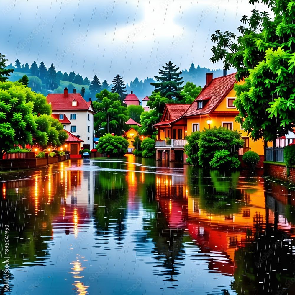 Obraz premium 장마철 비에 젖은 마을의 전경