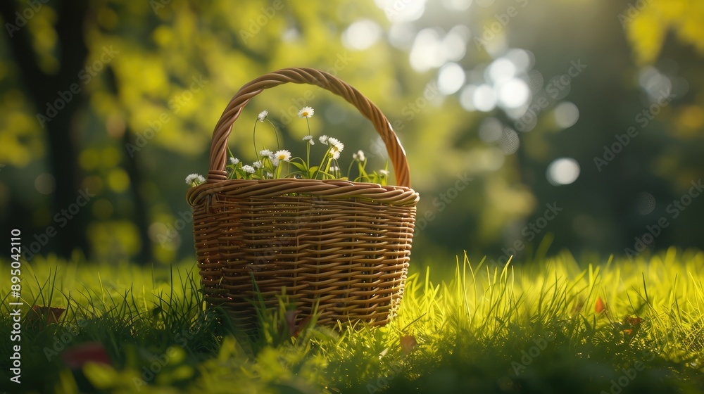 Handwoven Wicker Basket on Verdant Lawn Handwoven Wicker Basket on Verdant Lawn