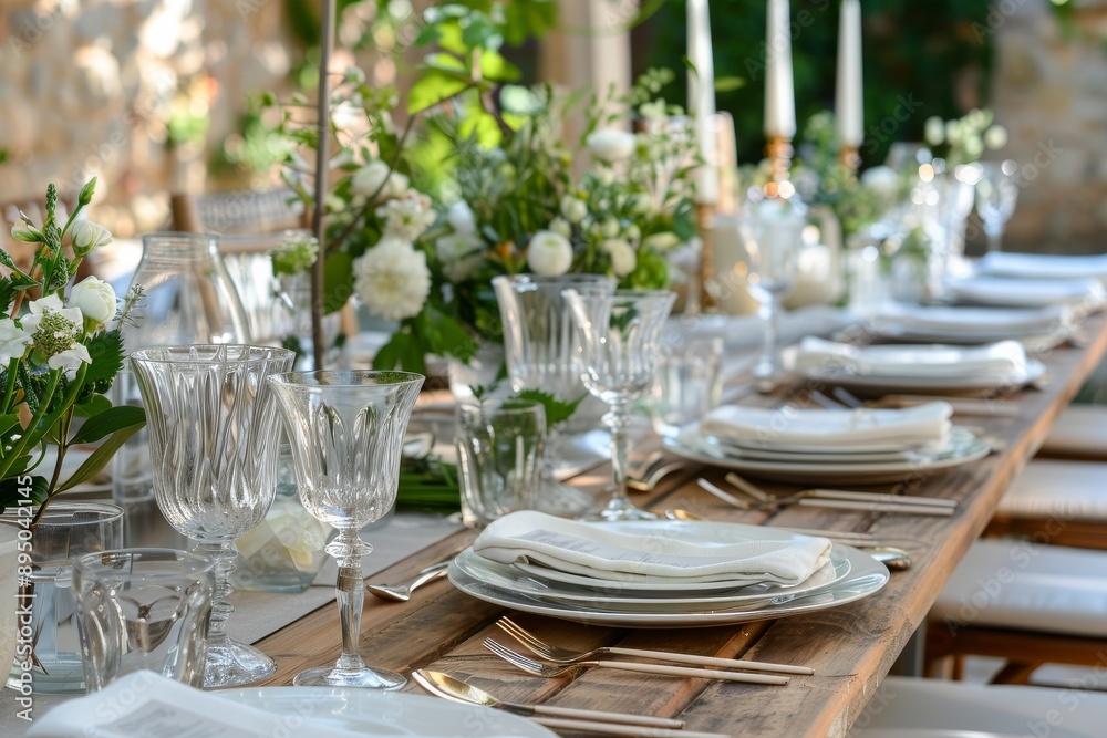 Table set for an event party or wedding reception in the summer garden Table set for an event party or wedding reception in the summer garden
