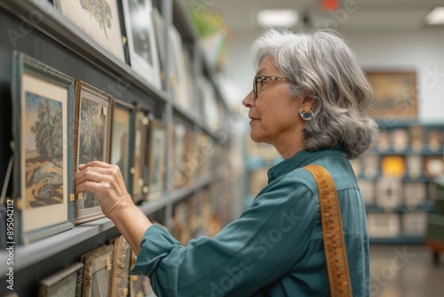 Curator at Work: Professional arranging exhibit in museum, profile view photo