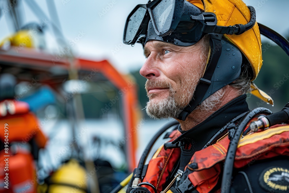 Ready for Action: Profile of a Dedicated Rescue Diver from Emergency Services Suiting Up for Dive Mission Ready for Action: Profile of a Dedicated Rescue Diver from Emergency Services Suiting Up for Dive Mission