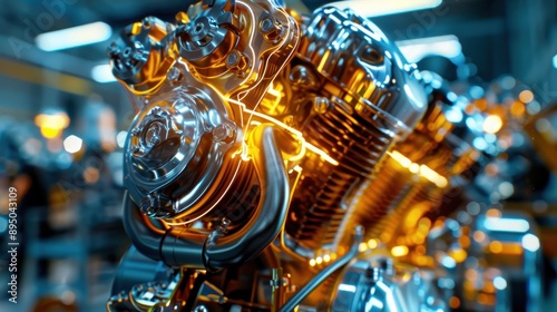 A close up of a shiny, metallic engine with a yellow glow © Sunijsa