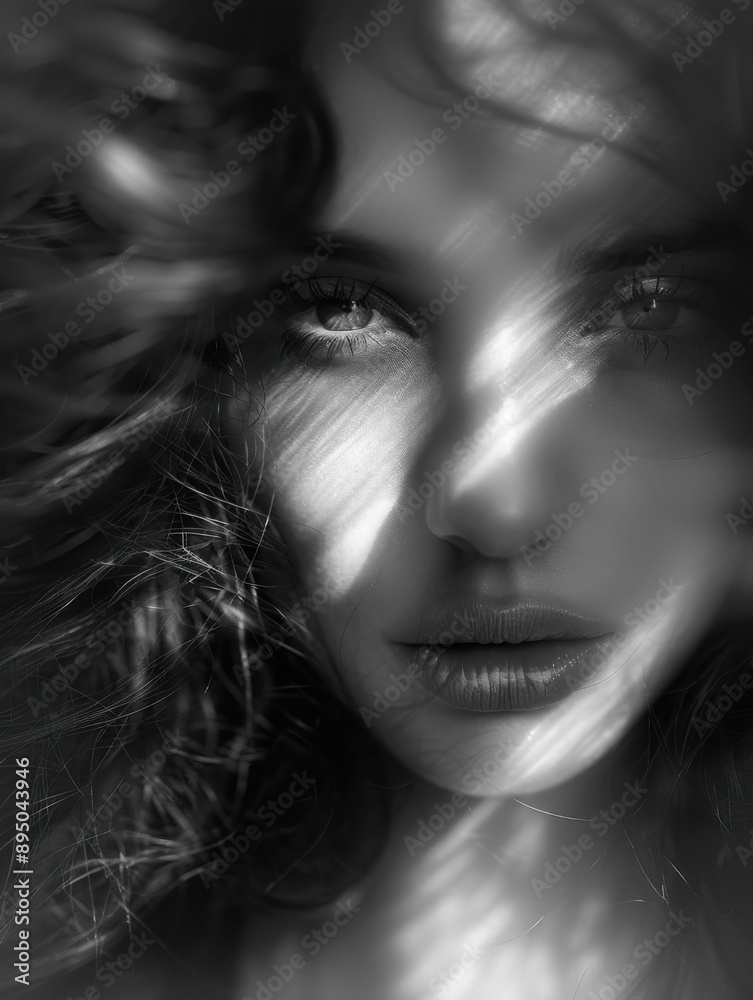 Monochrome Portrait of Woman with Dramatic Light and Shadow Play Monochrome Portrait of Woman with Dramatic Light and Shadow Play
