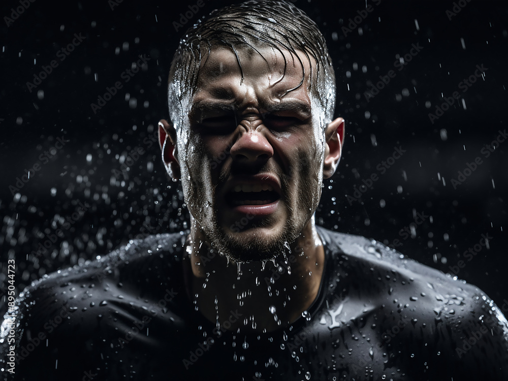 Water droplets around a football player on a black background Water droplets around a football player on a black background