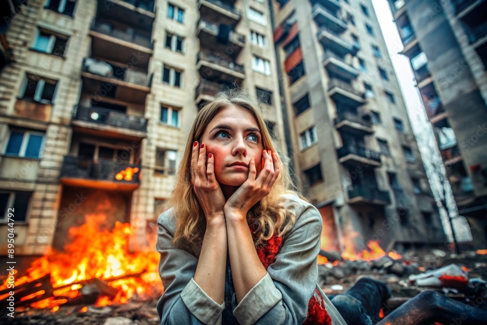 Fototapeta premium A Ukrainian woman sits outside a burning house generated by AI