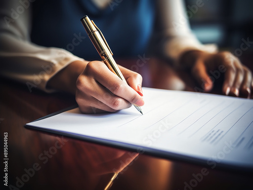 Woman�s hands writing on a clipboard with a pen, isolated on a desk