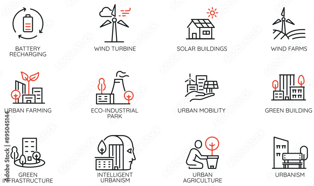 Vector Set of Linear Icons Related to Balance of Nature and Urban Infrastructure and intelligent urbanism. Mono line pictograms and infographics design elements Vector Set of Linear Icons Related to Balance of Nature and Urban Infrastructure and intelligent urbanism. Mono line pictograms and infographics design elements