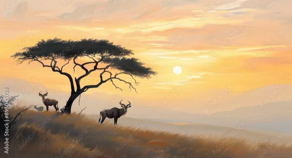 A painting of a savanna scene with a tree in the foreground A painting of a savanna scene with a tree in the foreground
