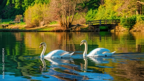 Graceful Swans Swimming on a Tranquil Lake at Sunrise