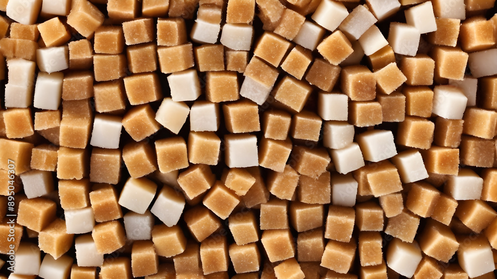 Brown and white sugar, sugarcane cubes in wooden bowl, top view, flat lay.. Generative AI Brown and white sugar, sugarcane cubes in wooden bowl, top view, flat lay.. Generative AI