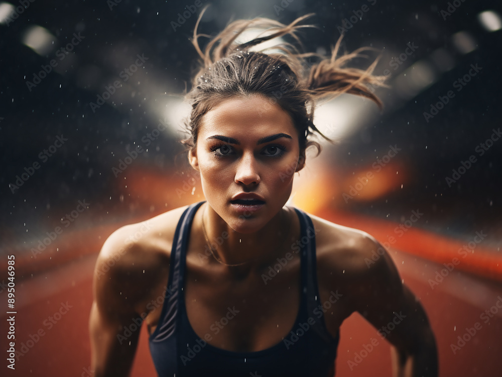 Athletic woman begins her run on the track Athletic woman begins her run on the track