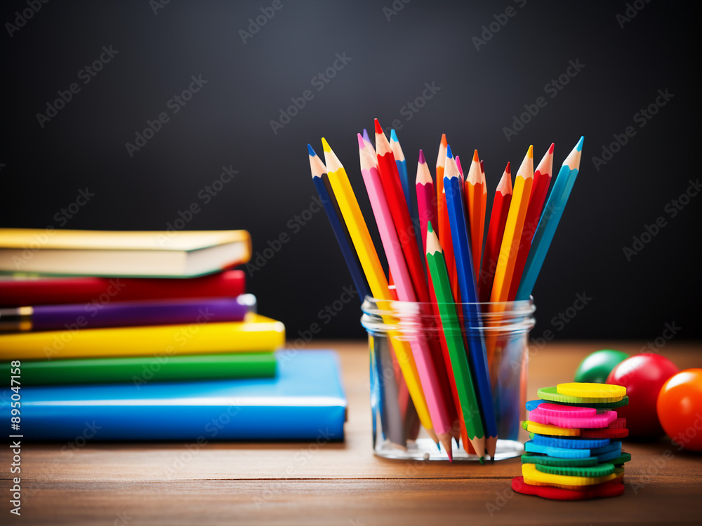 Assorted office supplies for back to school on a table with copy space background Assorted office supplies for back to school on a table with copy space background